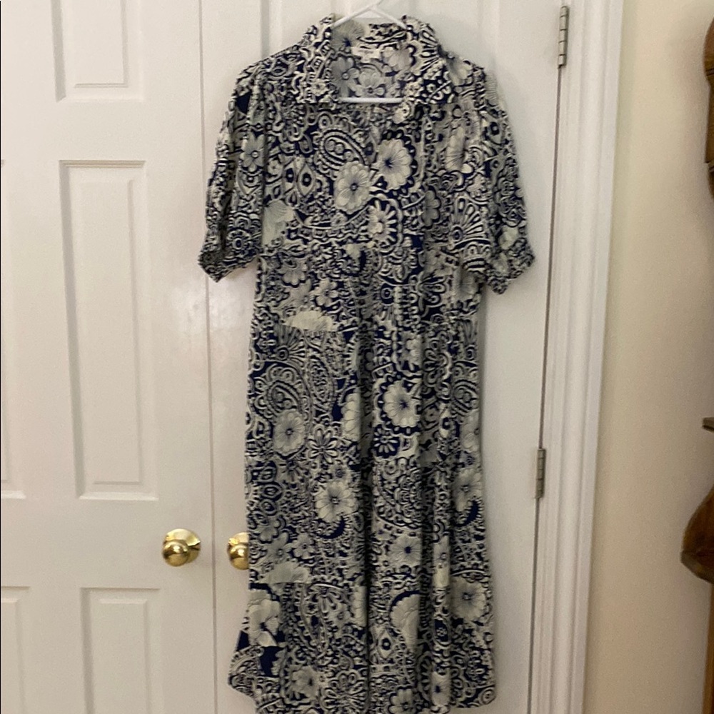 Umgee Navy and White Puff Sleeve Midi Sundress